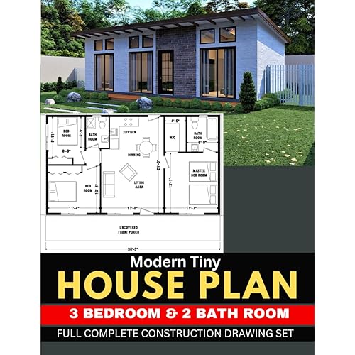 Modern Tiny House plan 3 Bedroom & 2 Bathroom with 841 Square feet: Full Complete Construction Drawing Set