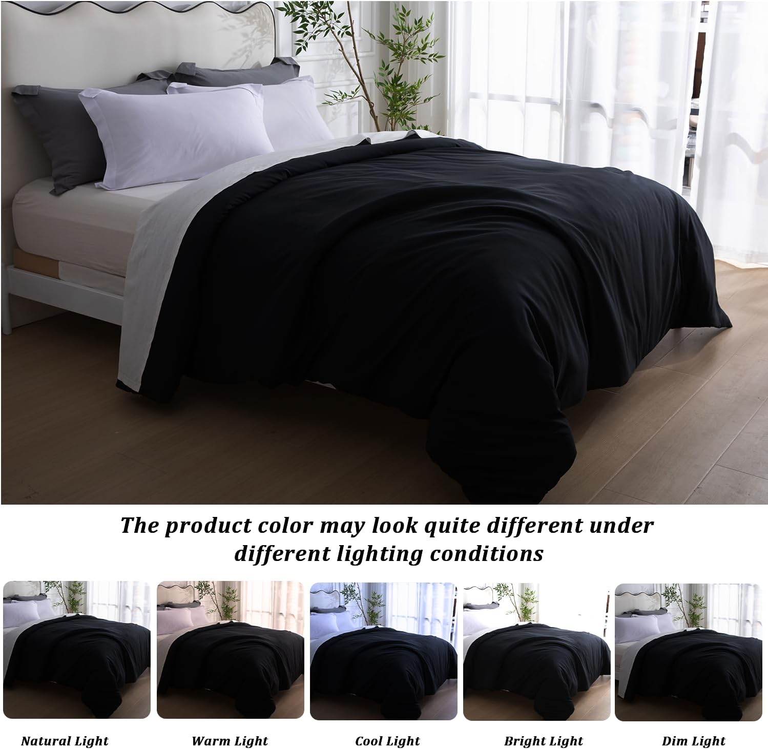 SheRest 1 Piece Duvet Cover Queen Size - 100% Viscose Derived from Bamboo, Soft Breathable Cooling Comforter Cover for Hot Sleepers, 8 Corner Ties and Zipper Closure, No Comforter (Black, 90"x90")