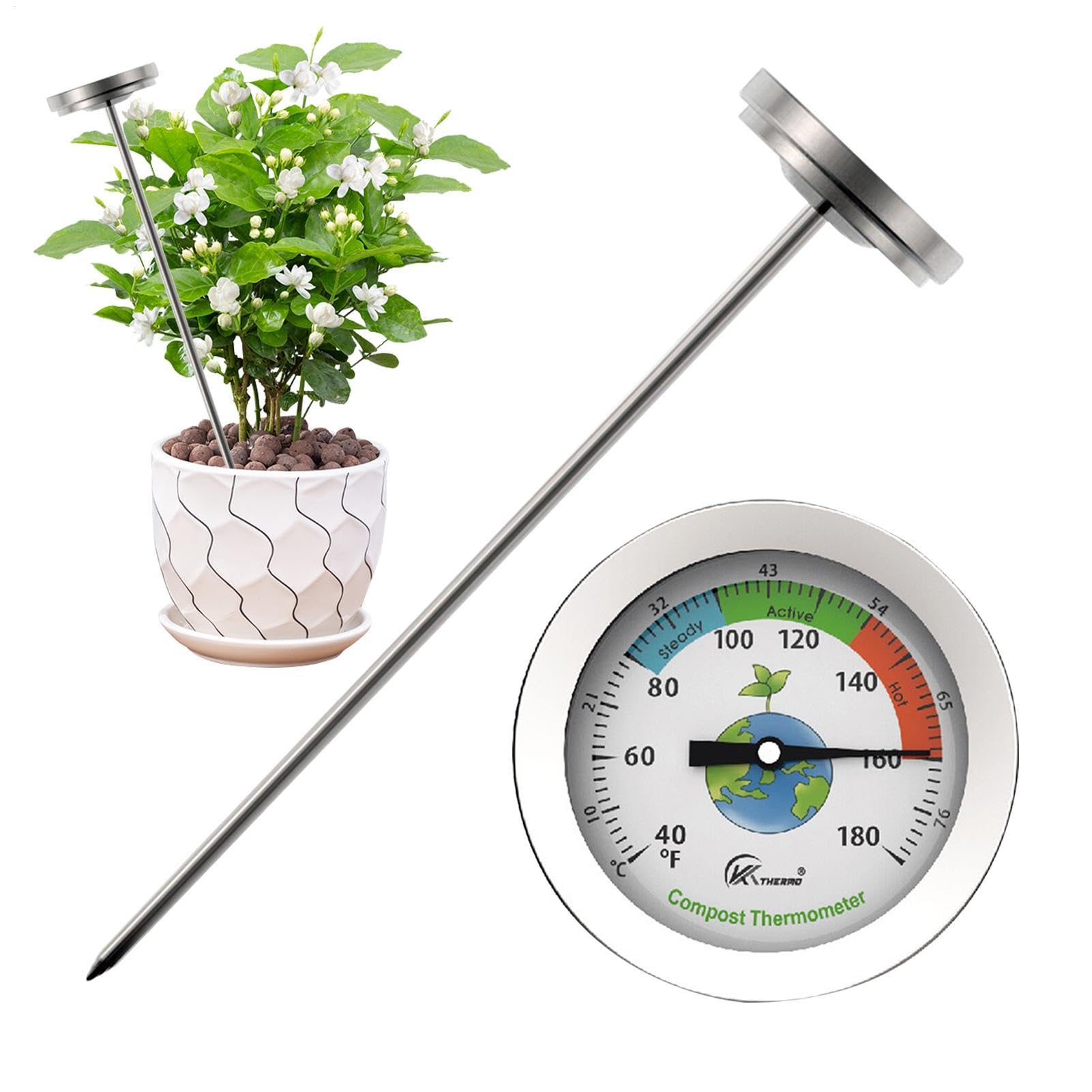 Compost Thermometer - Stainless Steel Fertilizer Test Probe Thermometer, Colour Coded Temperature Guide, Easy-to-Read Garden Soil Accelerator - Earth Waterproof