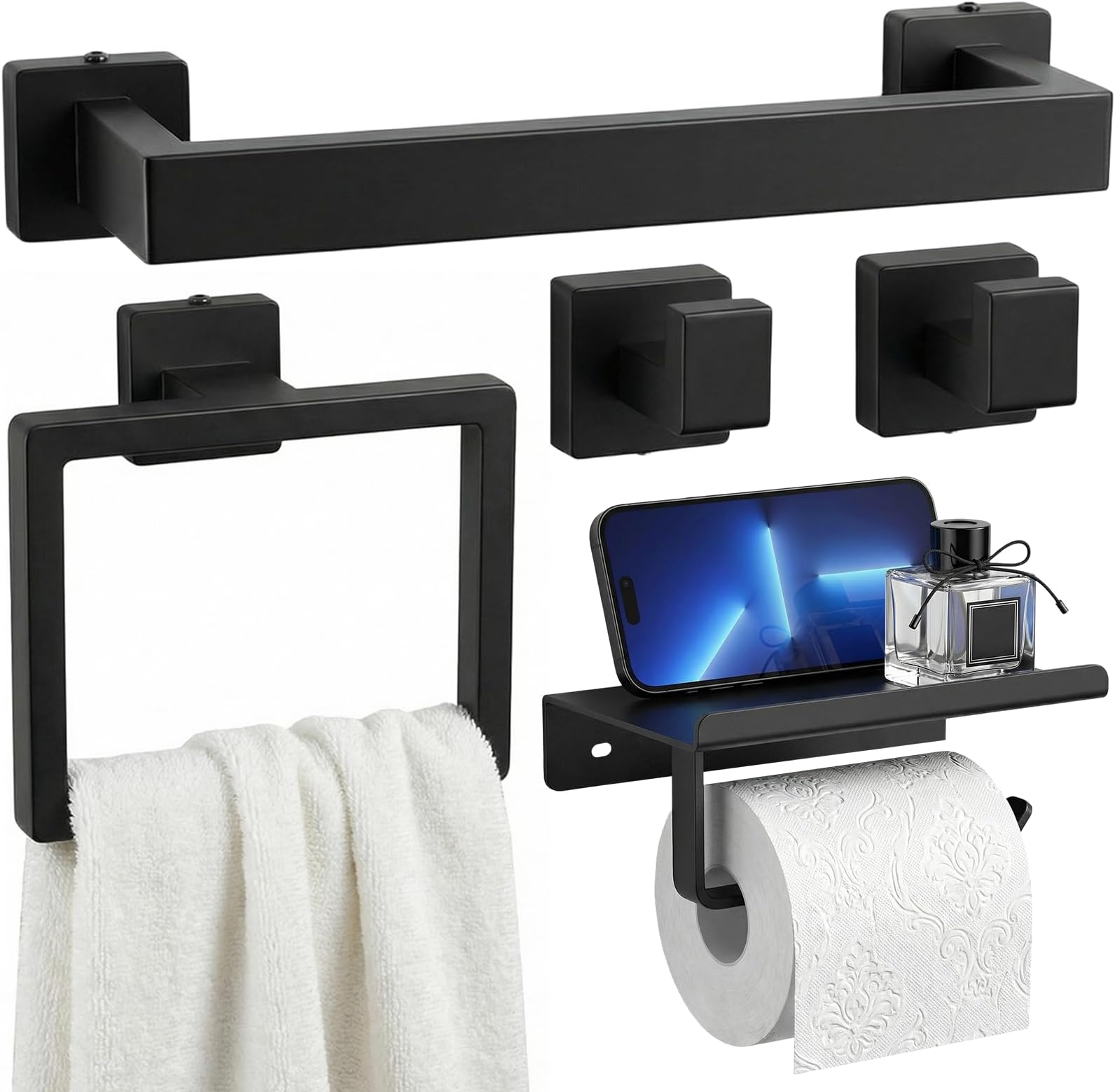 Tudoccy 5-Pieces Matte Black Bathroom Accessories Set, Bathroom Hardware Set SUS304 Stainless Steel Rustproof Wall Mounted - Includes 16" Hand Towel Bar, Toilet Paper Holder with Shelf, Towel Hooks