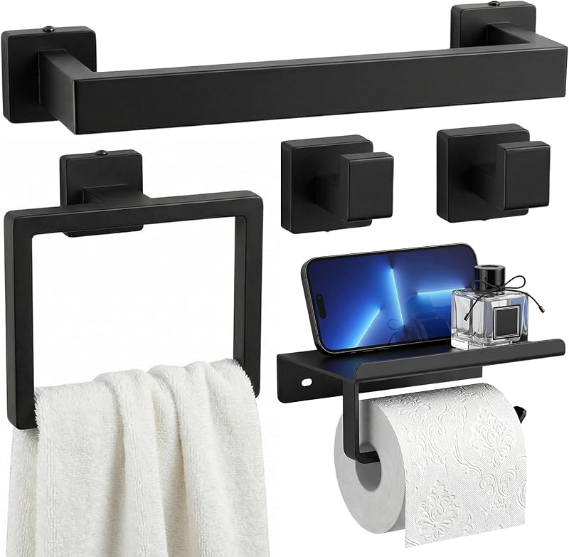 Tudoccy 5-Pieces Matte Black Bathroom Accessories Set, Bathroom Hardware Set SUS304 Stainless Steel Rustproof Wall Mounted - Includes 16" Hand Towel Bar, Toilet Paper Holder with Shelf, Towel Hooks | Rustproof Wall-mounted Hand Towel Bar, Roilet Paper Holder With Shelf, And Towel Hooks For Bathroom Decor