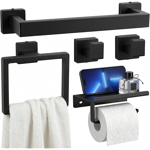 Tudoccy 5-Pieces Matte Black Bathroom Accessories Set, Bathroom Hardware Set SUS304 Stainless Steel Rustproof Wall Mounted - Includes 16" Hand Towel Bar, Toilet Paper Holder with Shelf, Towel Hooks