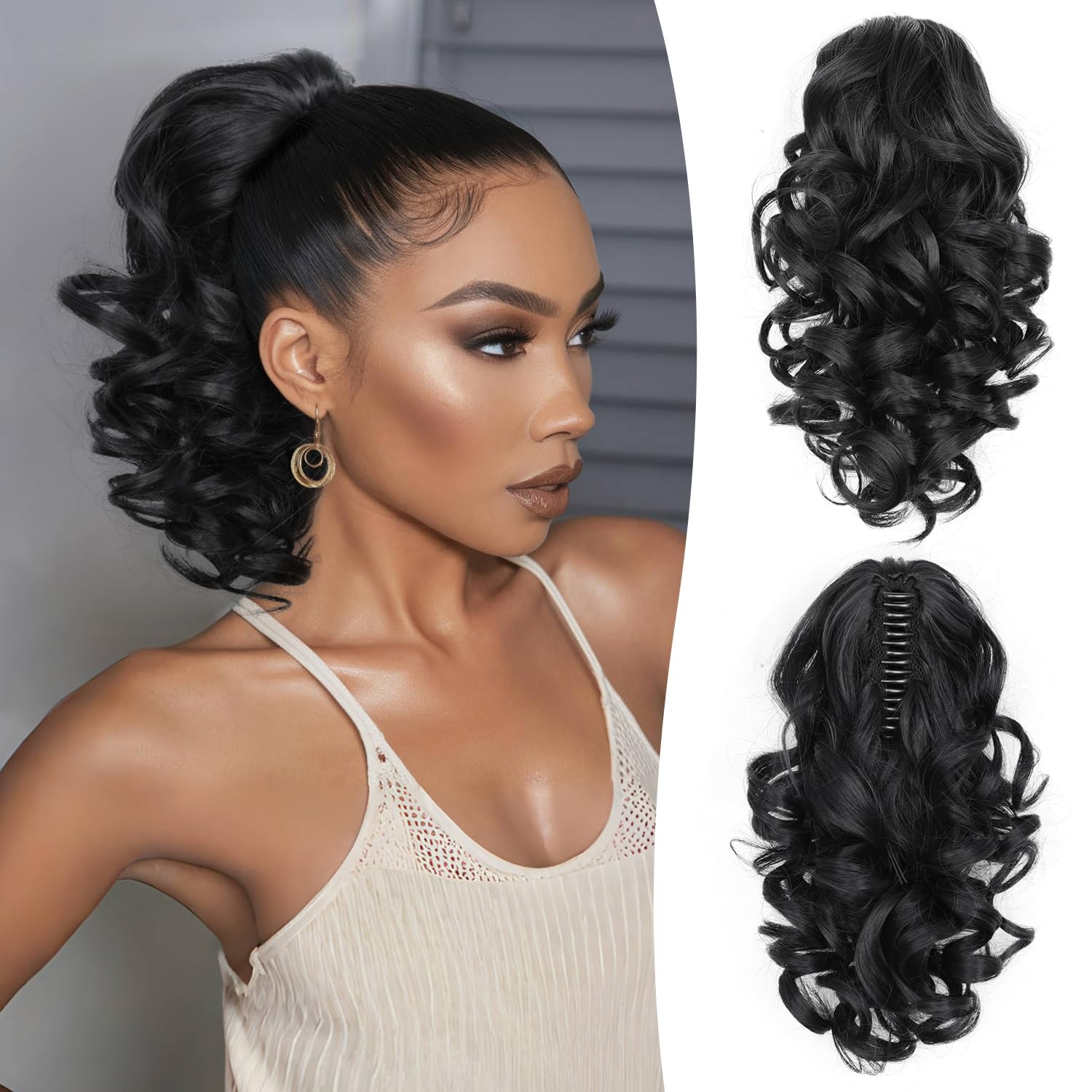 Photo 1 of 12 Inch Black Ponytail Extension - Soft Wavy Pony Tails Hair Extensions, Claw Clip Ponytail Extension, Natural Short Hair Extensions Ponytail, Synthetic Hair Pieces for Women (Color: Black)