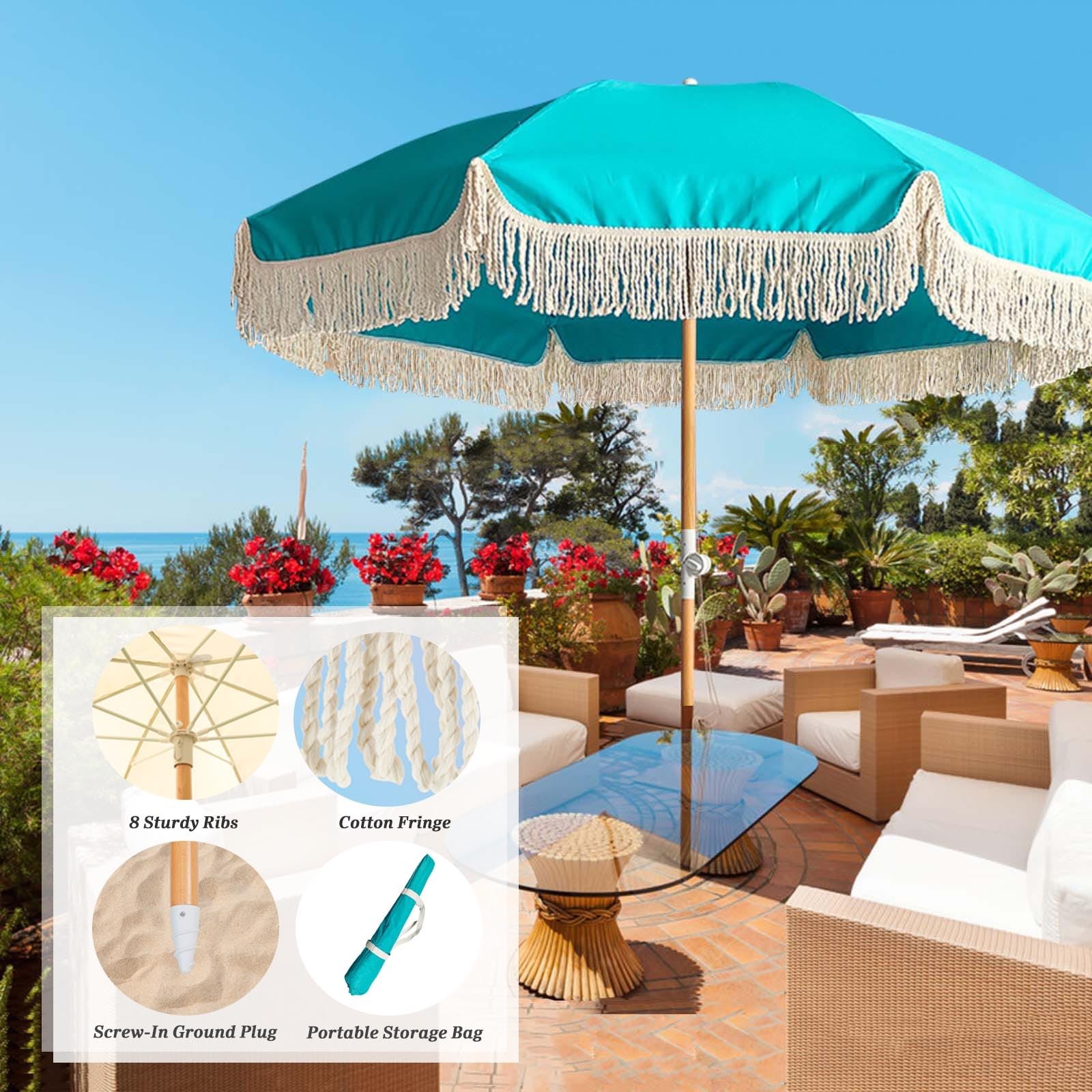 Blue Patio Umbrella Fringe Beach Umbrellas For Sand UV50+Boho Umbrella With Tassels Market Table Umbrella 1.26