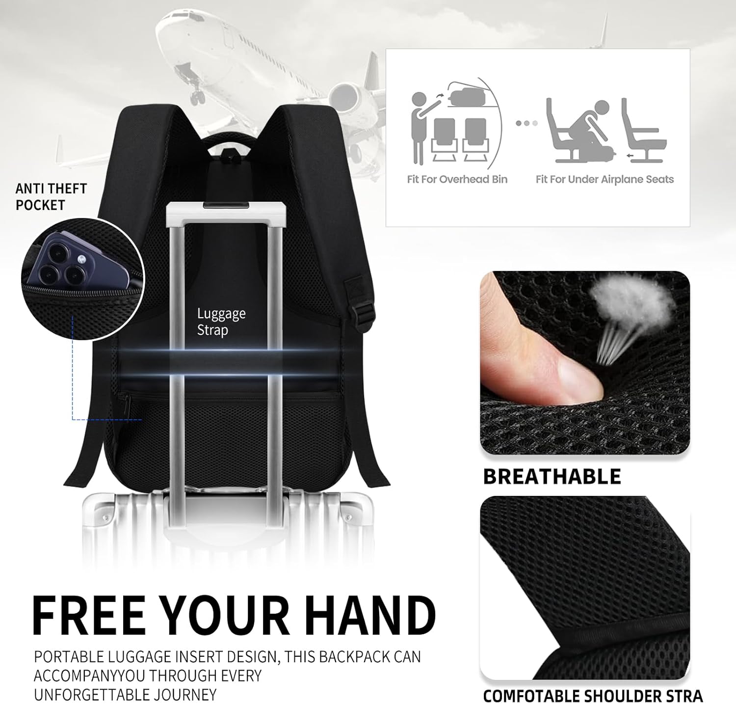 Travel Backpack for Men women, School Backpack for Boys Teens, Anti Theft Laptop backpack with Reinforced Straps for College High Middle School Work Business Book Bag, Black