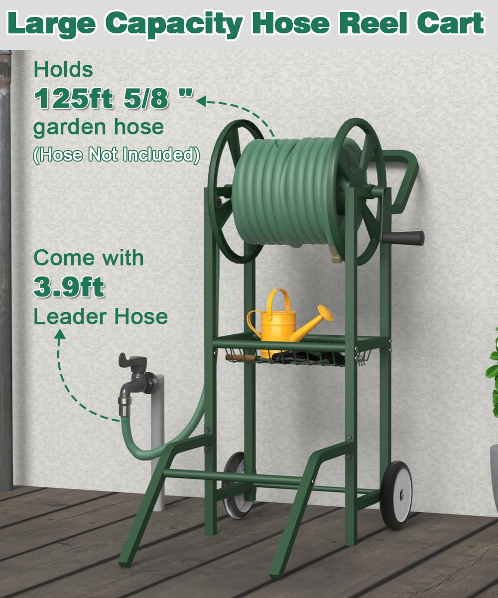 Artigarden Carrello avvolgitubo con 2 ruote, supporto per tubo dell'acqua da giardino, resistente in acciaio verniciato a polvere, per esterni, contiene tubi da 38,1 m 5/8" con cestino e tubo da 1,2 m