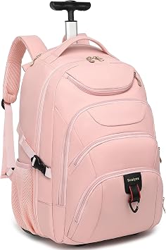 Boavan Rolling Backpack for Women, 17.3 Inch Wheeled Laptop Backpack,Large Travel Carry-On Bag for Teachers College Students, USB Charging Port Waterproof Business for Airplane Overnight Luggage,Pink