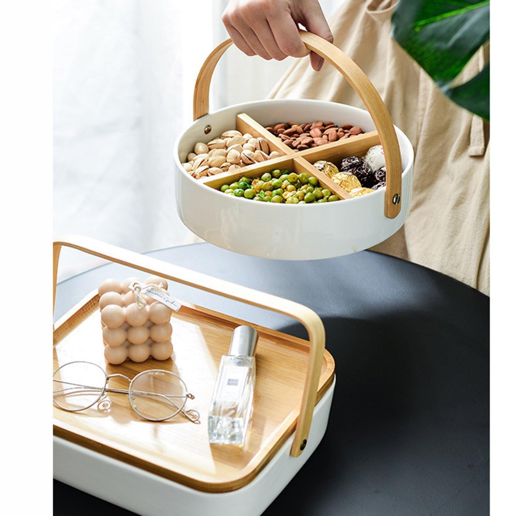 Amazon｜フルーツバスケット 陶器 木质 お菓子 フルーツ入れ ふた付き