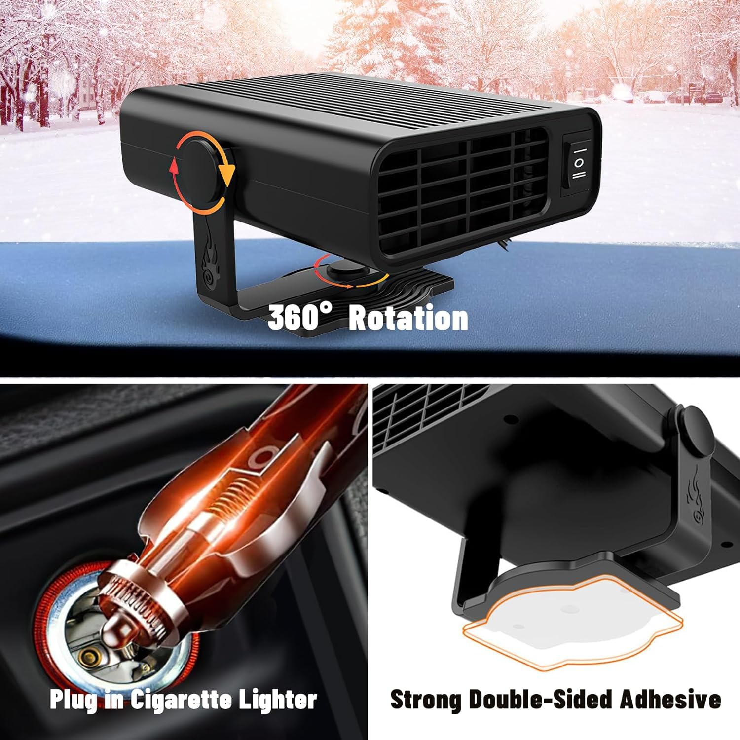 Riscaldamento per auto, 2 in 1, termoventilatore per auto, 12 V, 200 W, girevole a 360°, scongelatore per auto, riscaldamento rapido per parabrezza, riscaldamento rapido (nero)