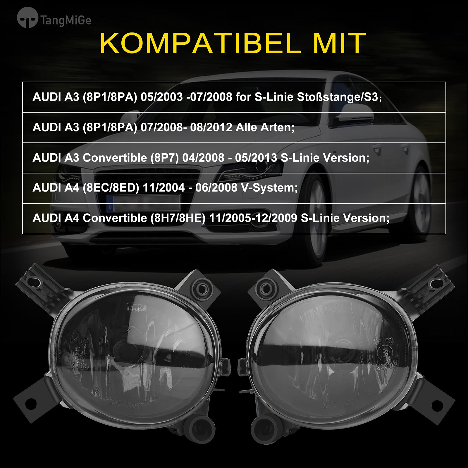 TangMiGe Fendinebbia compatibile con Audi A4 A3 S3, 8EC 8ED 8H7 8HE 8P1 8PA 8P7, S-Line versione paraurti V-Sistema, 05/2003-05/2013, H11, 1 Paio (Fumo Nero)