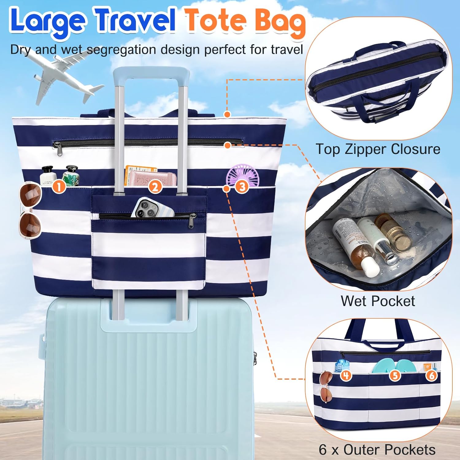 BKNOOU Extra Large Beach Bags Waterproof Sandproof XL Beach Tote Bag for Women Zipper Foldable Swim Pool Bag with Wet Pocket - Image 3