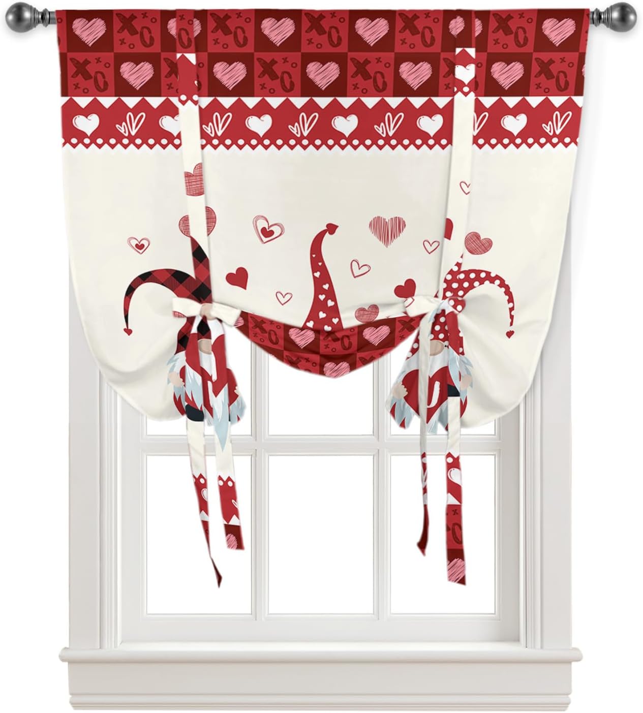 Sweet Gnome Tie Up Window Shade Curtain Valentine's Day Love Kitchen Adjustable Balloon Curtains Shades Drape 46x63In for Living Room/Bedroom/Cafe Windows Romantic Dwarf Chic Plaid