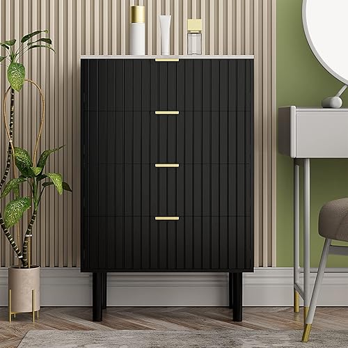 Anbuy Cómoda de mármol blanco con 4 cajones para dormitorio, cajón superior de mármol sintético con asas doradas para dormitorio, sala de estar,