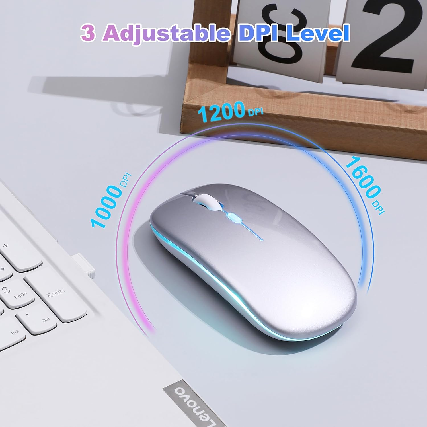 Wireless Bluetooth Mouse Rechargeable Long Lasting Dual Mode - BT 5.2 & 2.4G Silent RGB LED Mice, Slim Portable Ergonomic Mouse for Laptop/PC/Tablet/MacBook/iPad/Apple Devices(Silver) - Image 5