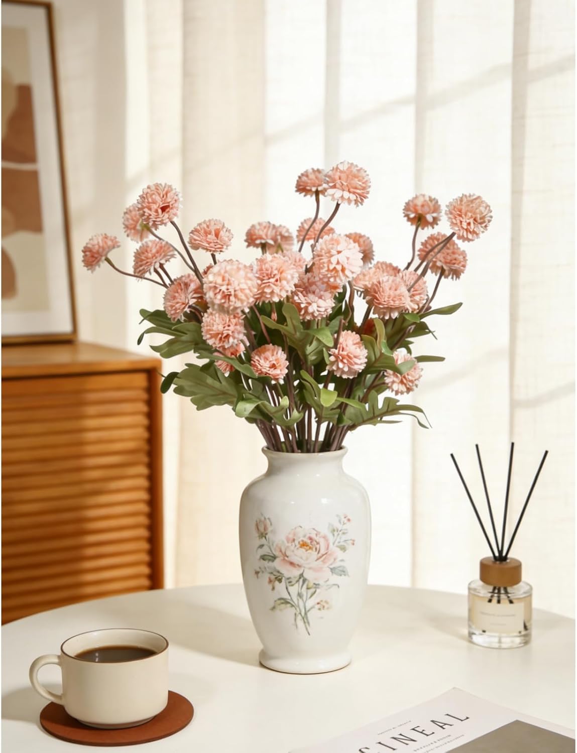 10 Pcs Pink Mums Artificial Flowers with Stems, Faux Mums Mini Pompon Flowers Bulk, Fake Floral Arrangements for DIY Bouquet Home Wedding Table Centerpiece Decor (No Vase)