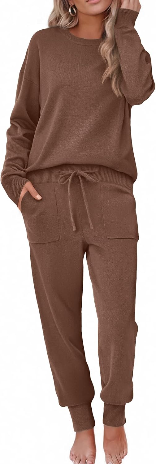 Ekouaer Women's 2 Piece Lounge Set Long Sleeve Knit Pajamas Sweatsuit Jogger Pant Outfits With Pockets S-XXL - Image 2