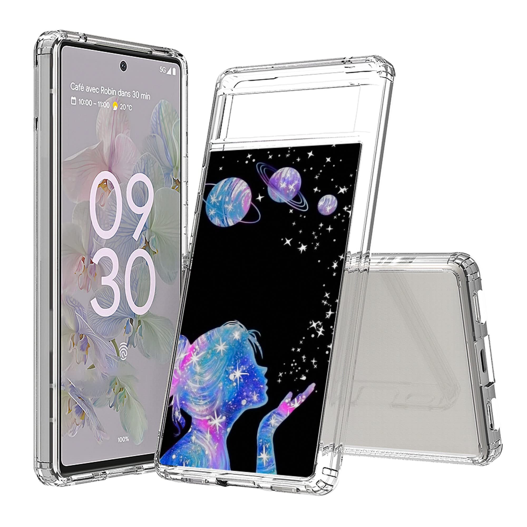 BEYOND CELLAquaFlex Phone Case Compatible with Google Pixel 6A Full Body Slim Design Reinforced Corners Shockproof Drop Protection Space Girl Planets