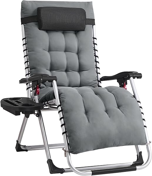SONGMICS Chaise Longue Pliante, Chaise de Gravité Zéro avec Coussin Amovible, Structure en Acier, Supporte Jusqu'à 110 kg, Appui-Tête Réglable, Sac, Plateau, pour Jardin, Balcon, Gris Foncé GLB040GZ03 - 1