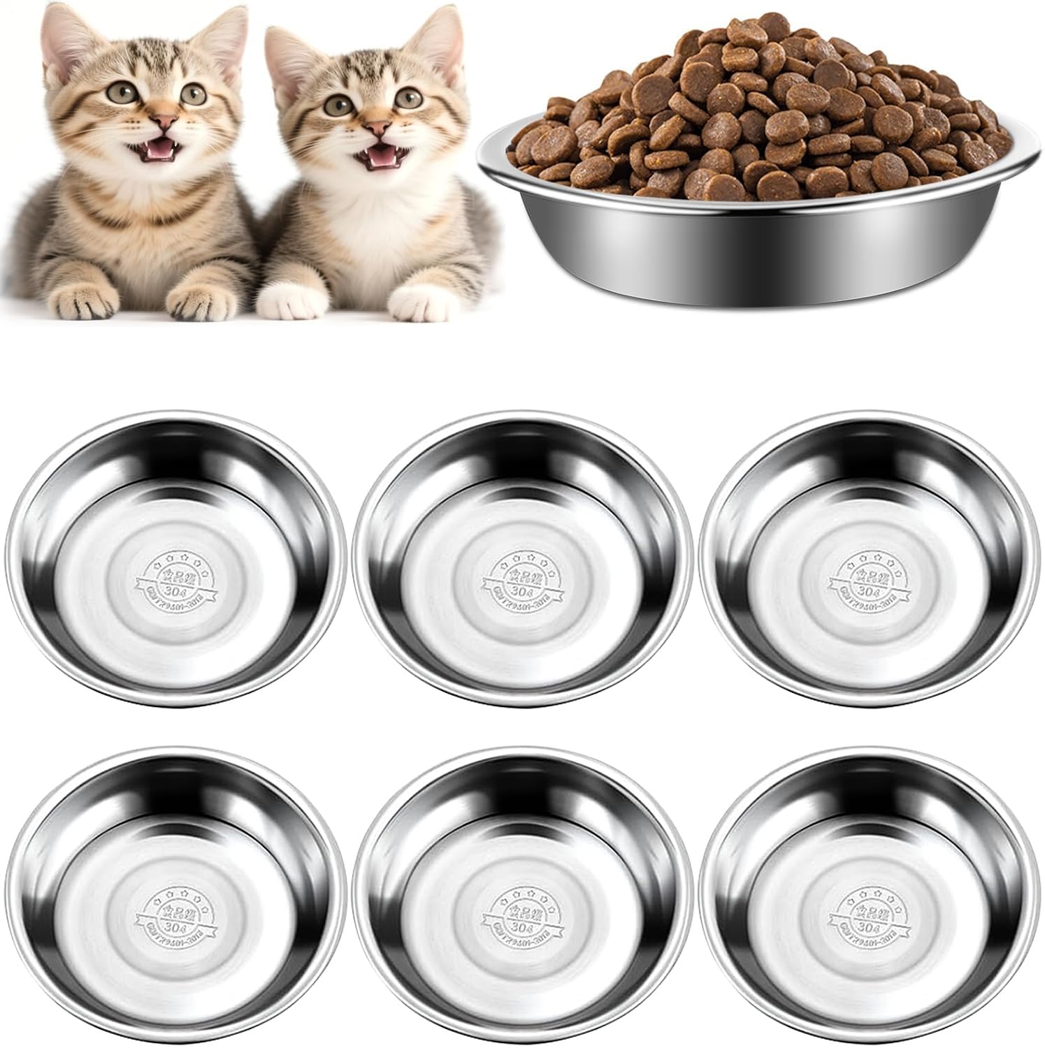 6 Stück Katzennapf Edelstahl, 14 cm, Futternapf für Katze, rutschfest, Leicht zu Reinigen, Fressnapf für Katzen und Kleine Hunde, Edelstahl 304 Material