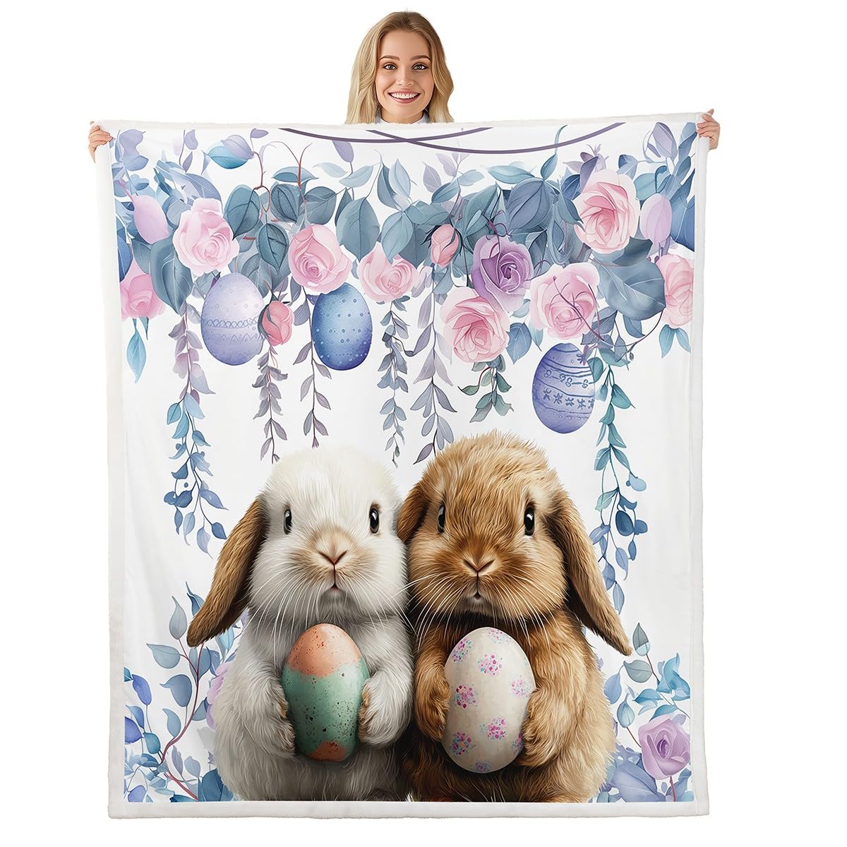 Homewish Uroczy królik narzuta koc Happy Easter Queen 228 cm x 228 cm polarowy koc dla dzieci chłopców dziewcząt łóżko, akwarela jajko róża szerpa koc wiejski zwierzęta rośliny kwiatowy pluszowy koc