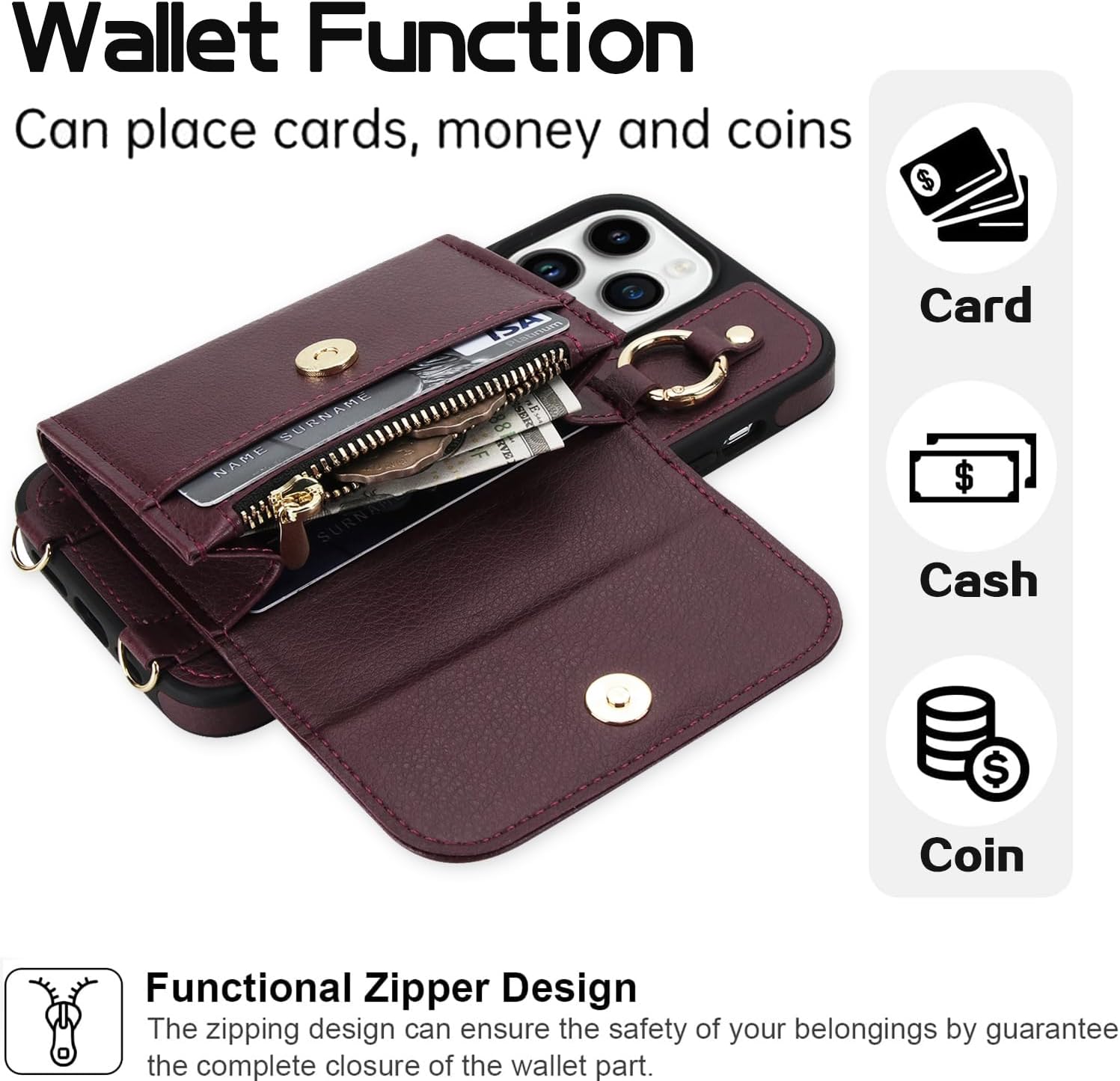 Phone Case for iPhone 13 Pro Max 2021 6.7 inch Wallet Detachable Cover Screen Protector Compatible with MagSafe Crossbody Lanyard Strap RFID Blocking Flip iPhone13promax i Phone13Max Women Wine Red