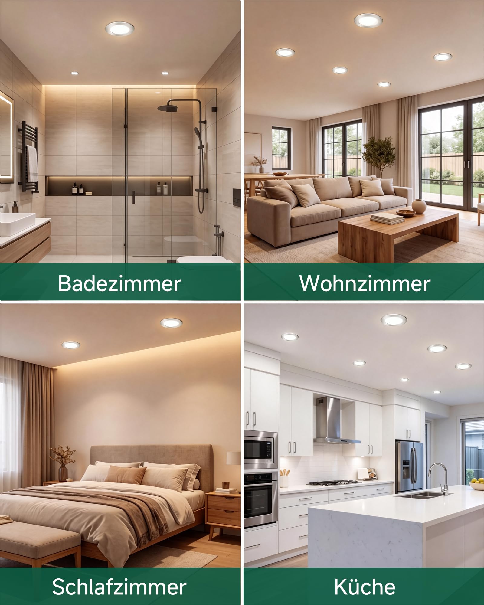 LED Einbaustrahler 230V 12er Set, Dimmbar LED Spots 230V IP65,Einbaustrahler LED mit 3000K/4000K/6500K, 360 LM, 4W, CRI>80 für Badezimmer, Küche, Wohnzimmer, Lochmaß Φ55-68 mm, Nickel