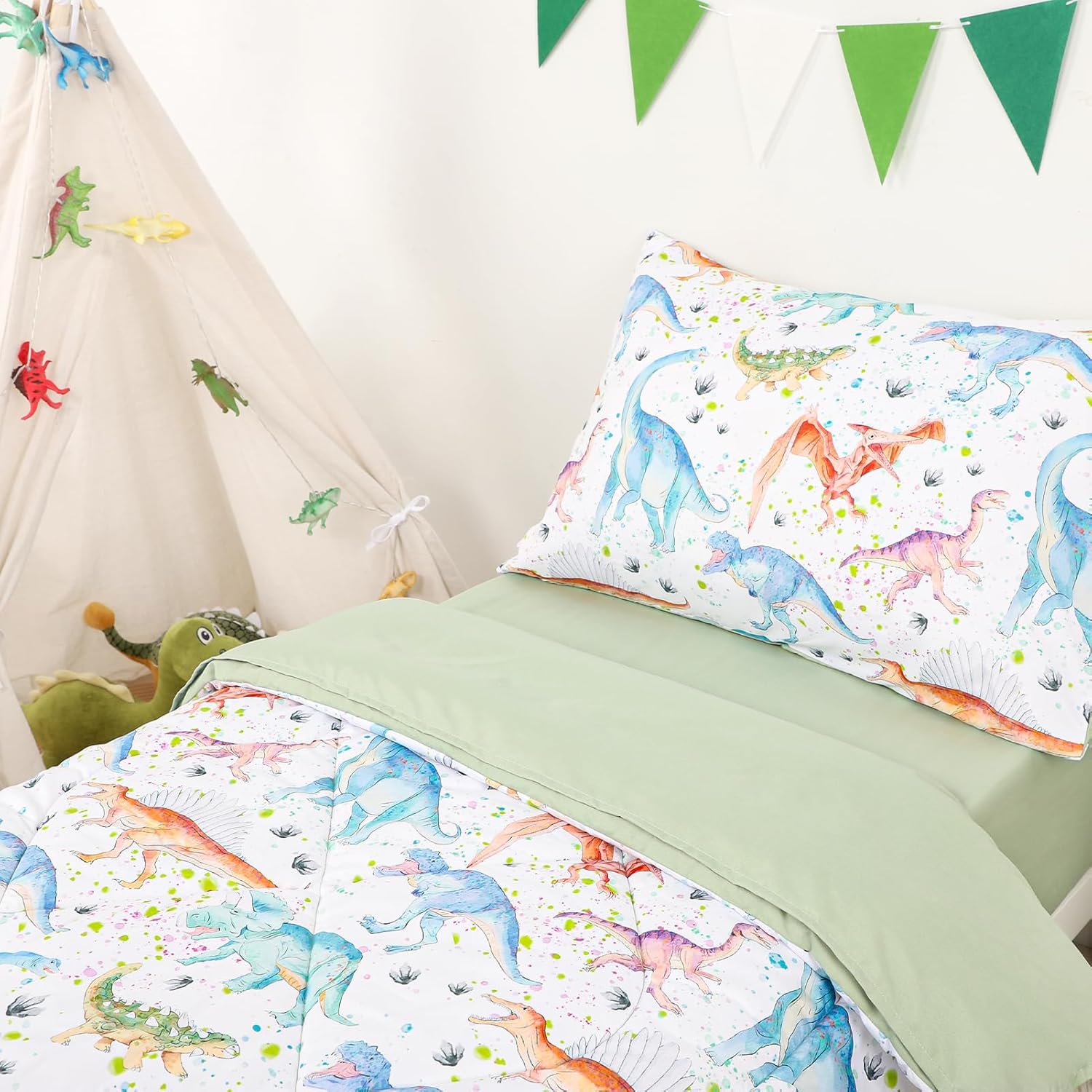 GFU 4 Piece Toddler Bedding Set, Ultra Soft and Breathable Toddler Comforter Sets for Goys Includes Quilted Comforter, Fitted Sheet, Flat Sheet and Pillowcase, Colorful Dinosaur - Image 2