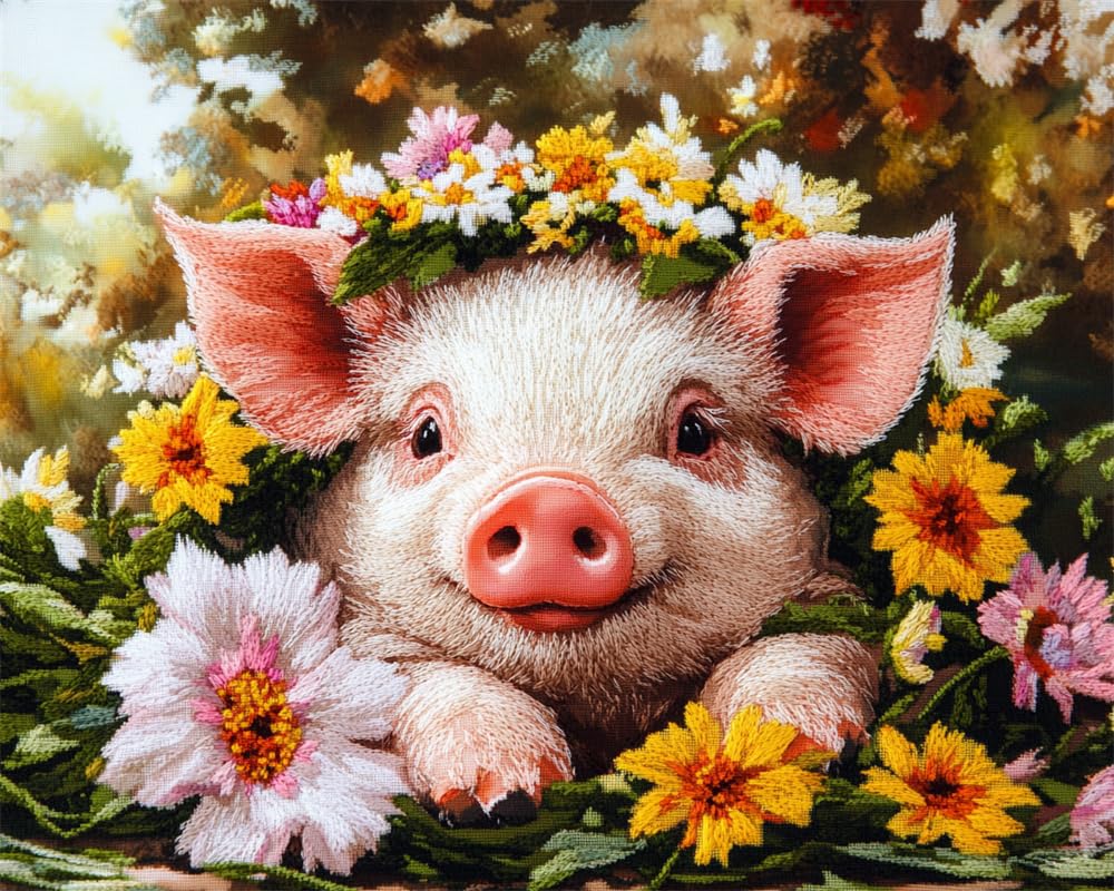 Henypt Cross Stitch Kit,Cute Pig and Flowers Easy Pre Printed Stamped Embroidery Stitch Kit for Adult Beginners, Embroidery Starter Advanced Easy Crossstitch Patterns Set Needlepoint