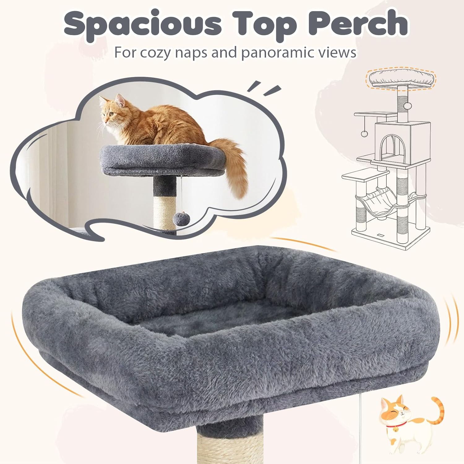 Tangkula Cat Tree Tower, 44 Inch Multi-Level Cat Tower with Sisal Scratching Posts, 2-Door Condo, Padded Top Perch & Hammock, 2 Hanging Balls, Jumping Platforms for Indoor Cats (Gray)