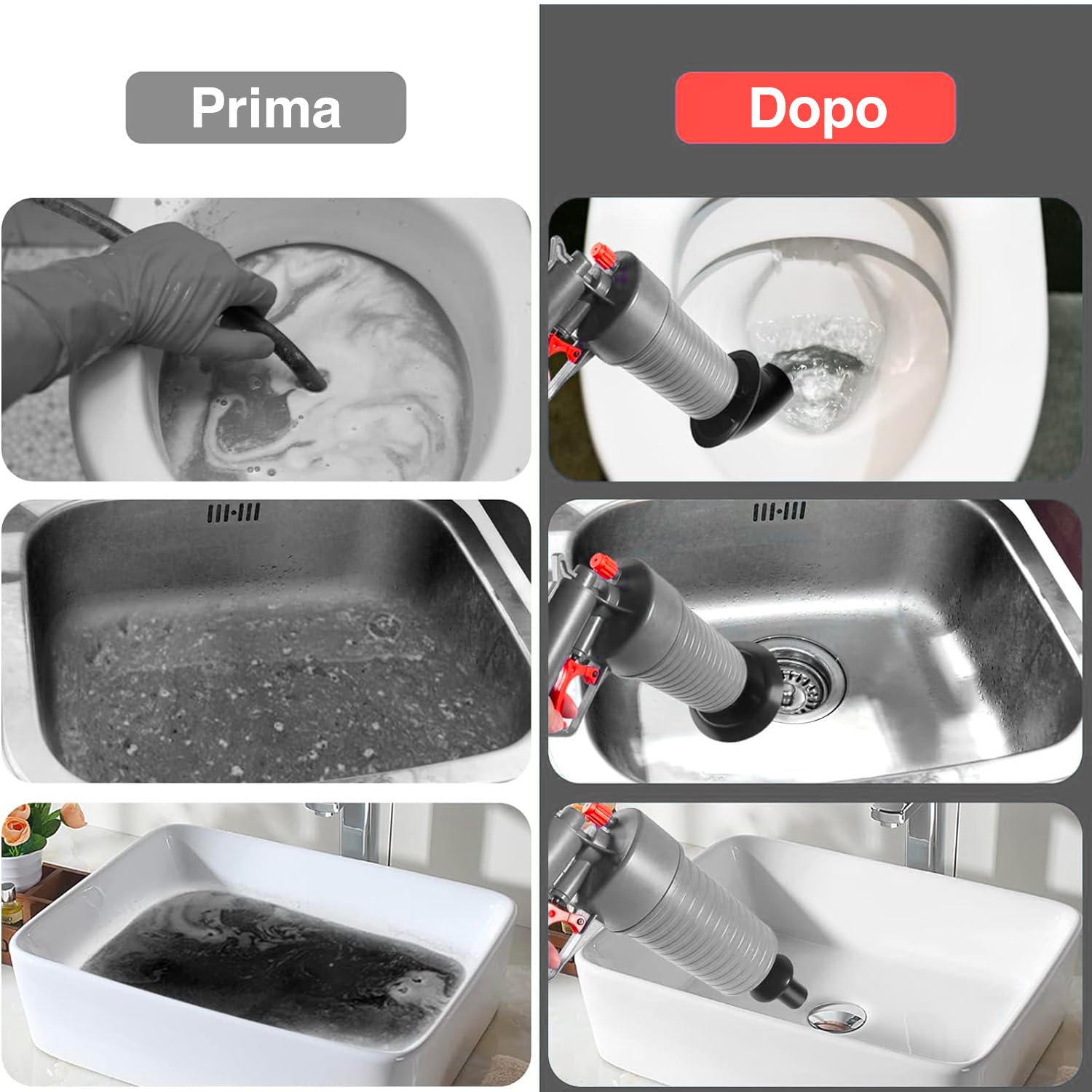 Avilia Pistola Sturalavandini ad Aria Compressa Ecologica - Disgorgatore con 4 Adattatori Universali, per Sturare Efficacemente tutti i Tipi di Scarico, in ABS, PVC, Polipropilene, 28x9x28cm