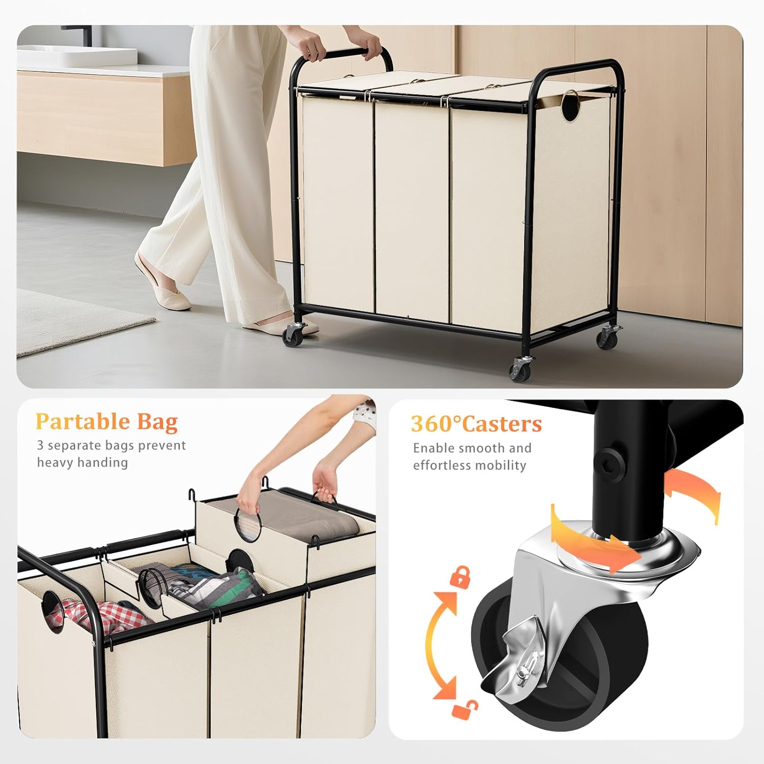 180L (47.55 Gal) Laundry Sorter 3 Section, Rolling Laundry Basket with Lockable Wheels and Lid, Laundry Hamper with 3 Separated Removable Bags Dirty Clothes Hamper for Laundry Room Organizer, White