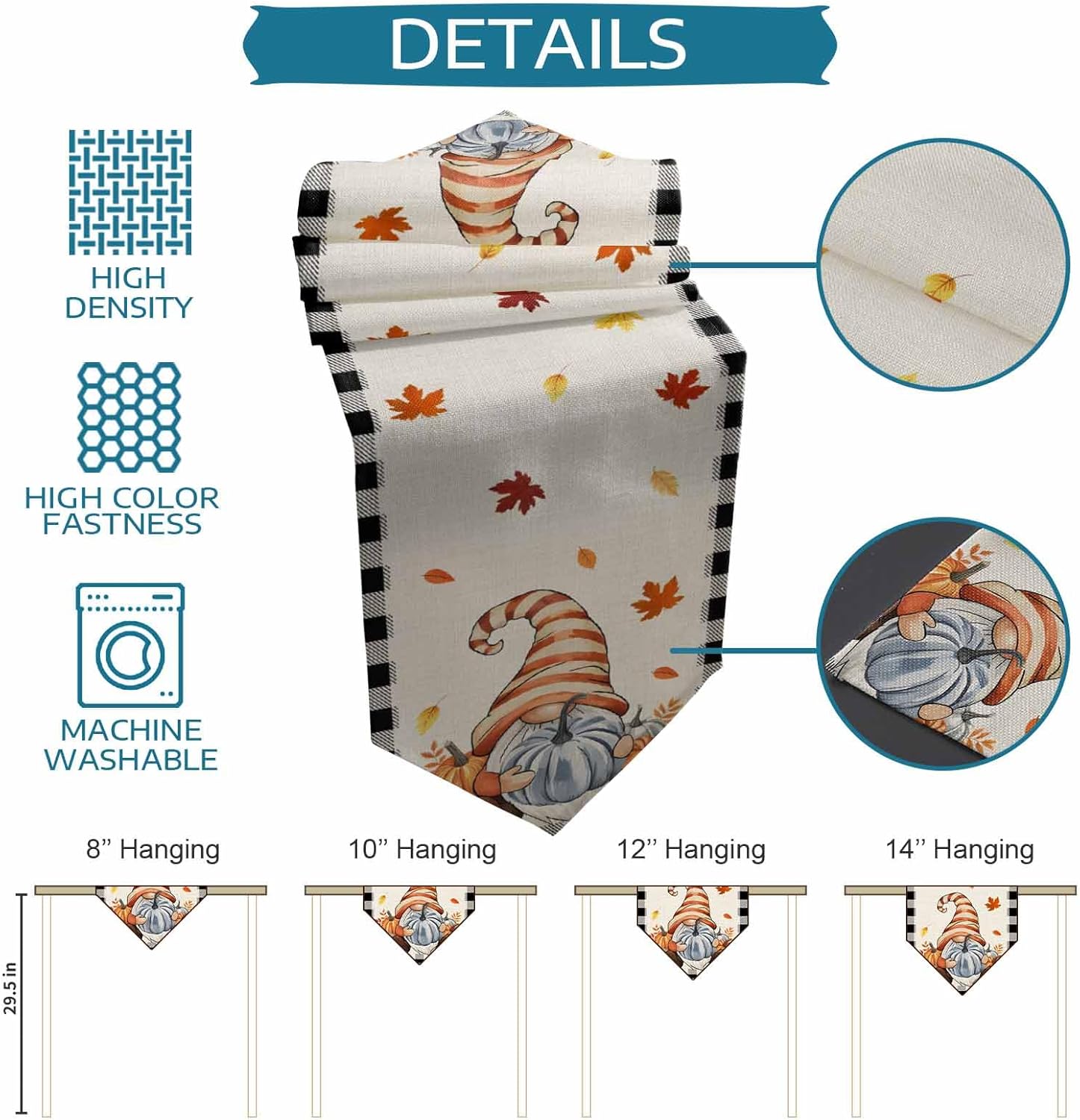 Autumn Thanksgiving Table Runner 13x90 Inch,Watercolor Pumpkin Gnome Seasonal Fall Holiday Dresser Scarf Black Checker Burlap Kitchen Dining Table Decoration Home Party Decor