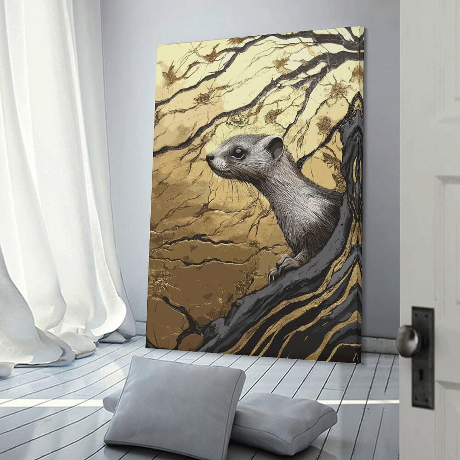 Junmoney Frame-Style-23 Golden Weasel Decorative Canvas Print, 12X18inch(30X45cm), For Contemporary Homes, Apartments Or Offices, Home Artwork For Modern Interiors