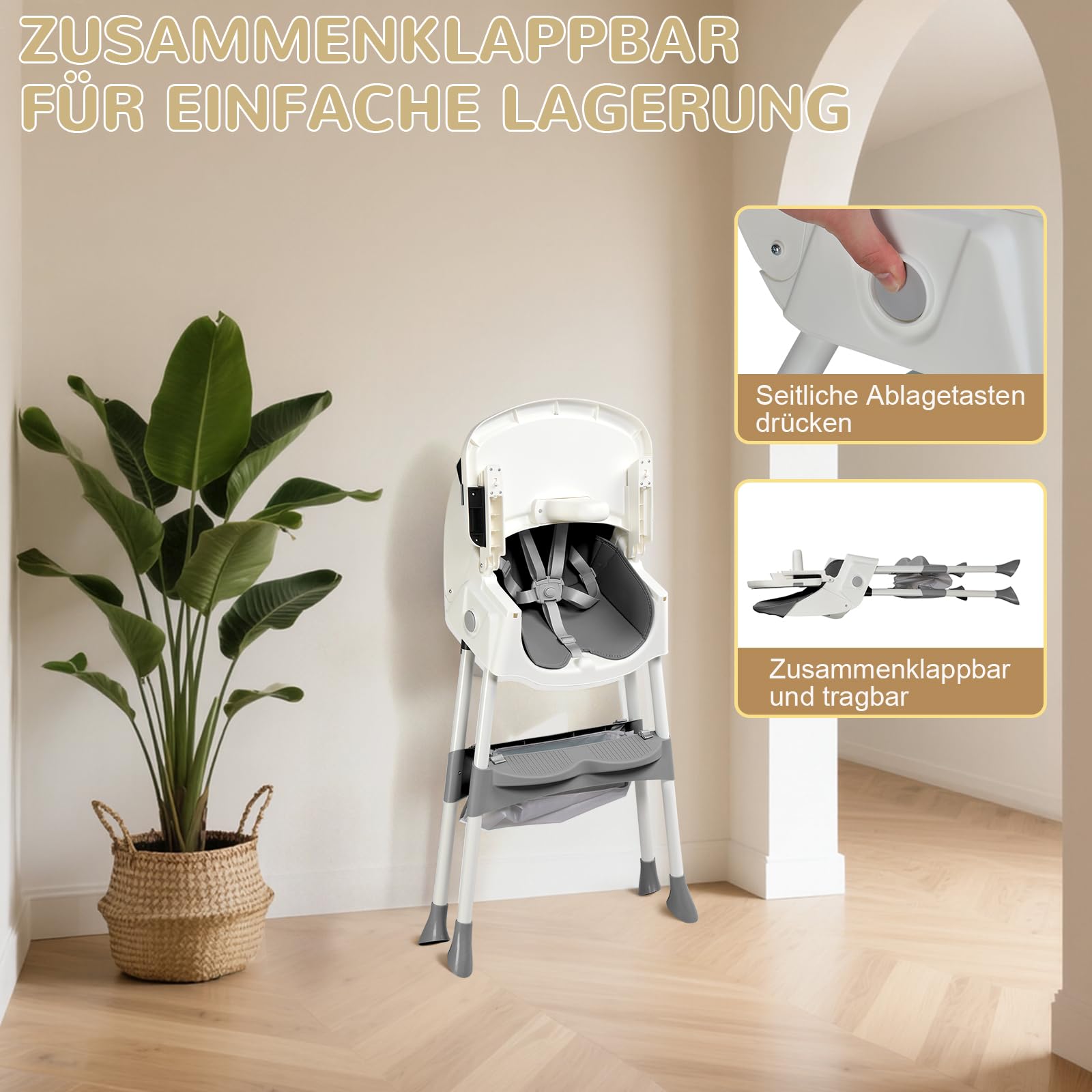 LEADZM Trona 3 en 1 para bebé, se convierte en mecedora, bandeja doble extraíble, trona plegable para bebé con ruedas giratorias y cesta de almacenamiento, para bebés de 6 a 36 meses (gris)