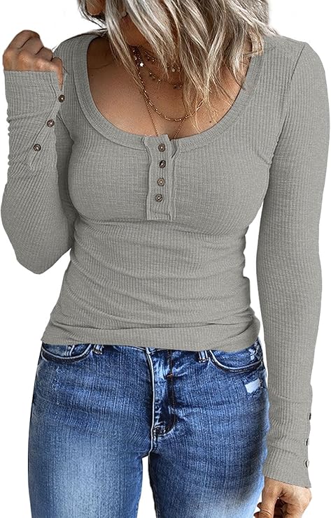 Kissfix Women's Long Sleeve Shirts Casual Fall Henley Top Button Down Blouses Basic Ribbed Knit T Shirts 2024