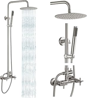 gotonovo Outdoor Shower Fixtures SUS304 Stainless Steel Rain Shower Kit Faucet High Pressure Wall Mount 2 Dual Function 8 Inch Showerhead and Handheld Spray Combo, Double Cross Handle, Brushed Nickel