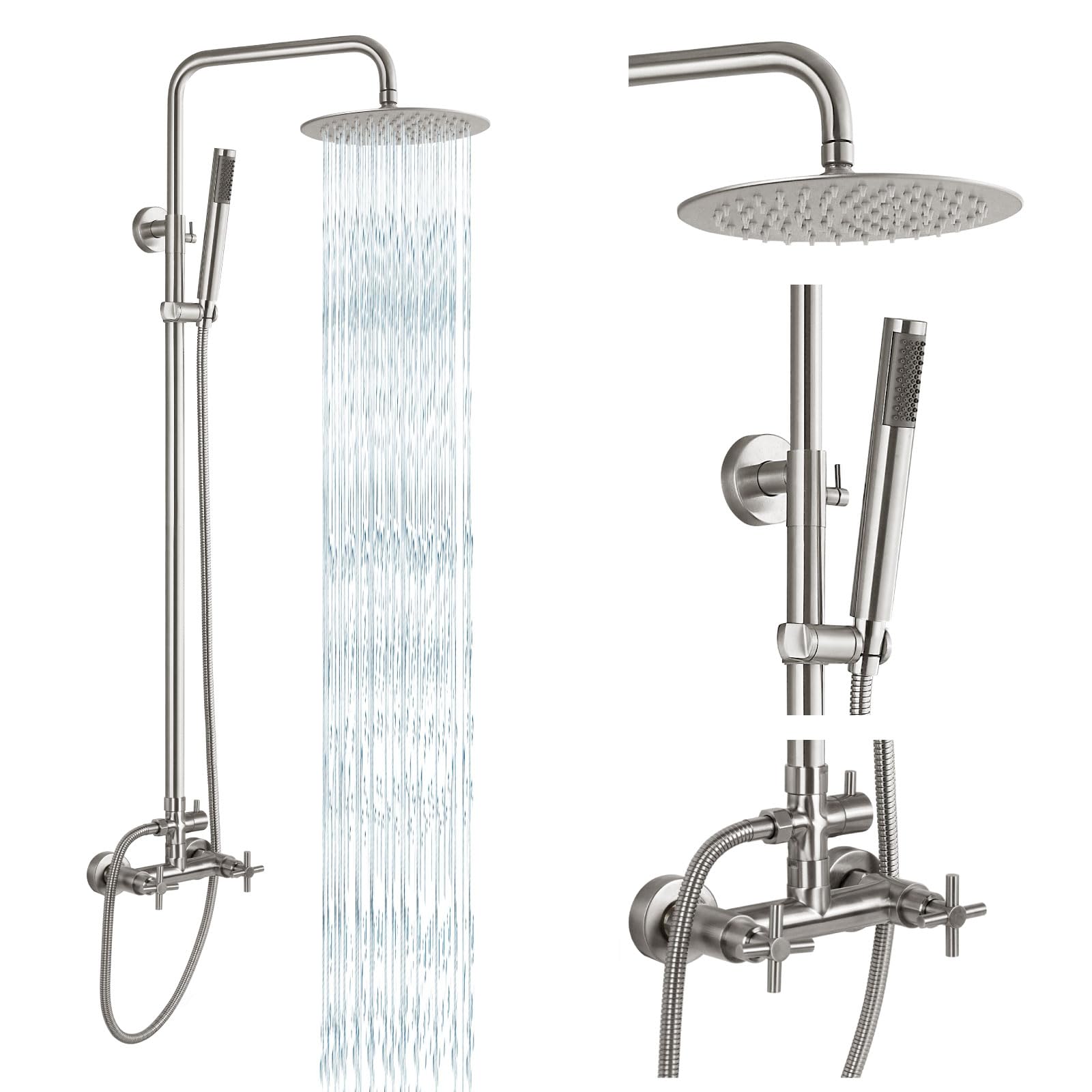 gotonovo Outdoor Shower Fixtures SUS304 Stainless Steel Rain Shower Kit Faucet High Pressure Wall Mount 2 Dual Function 8 Inch Showerhead and Handheld Spray Combo, Double Cross Handle, Brushed Nickel