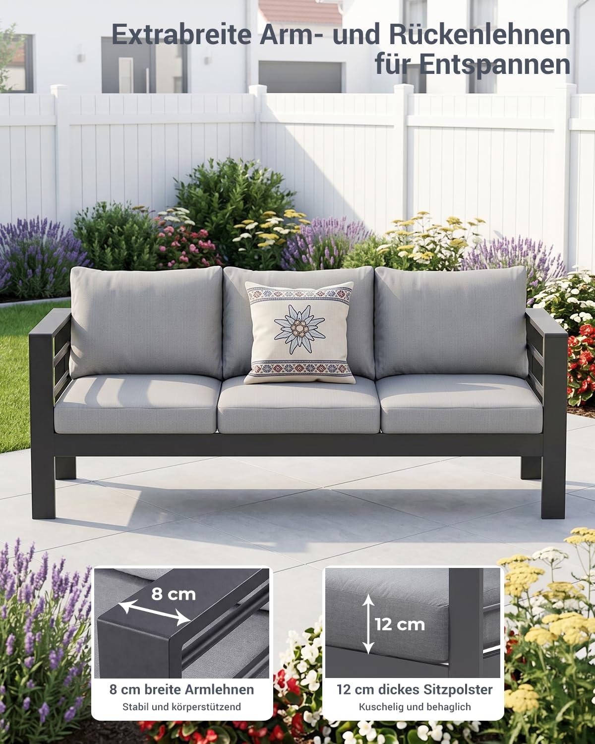 Atenza Aluminium Gartenmöbel Set Lounge Sitzgruppe 6-7 Personen | 5-teilige Outdoor Gartengarnitur mit WPC-Couchtisch, 12cm dicken Kissen & waschbaren Kissenbezügen für Terrasse & Balkon
