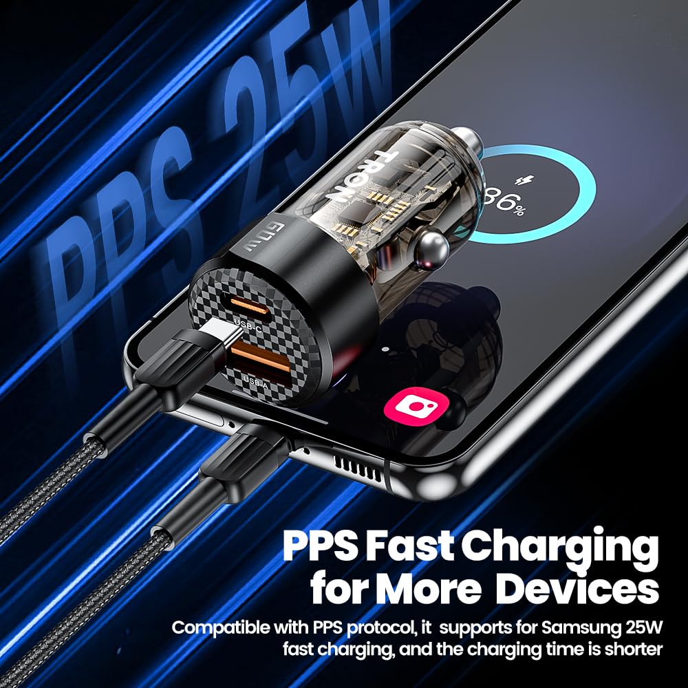 TRON 60W Dual Port Fast Car Power Adapter (30W PD USB-C + 30 USB-A) Transparent Kompakt Zigarettenanzünder Ladegerät für iPhone, Samsung, Android - Braun Schwarz -TR13