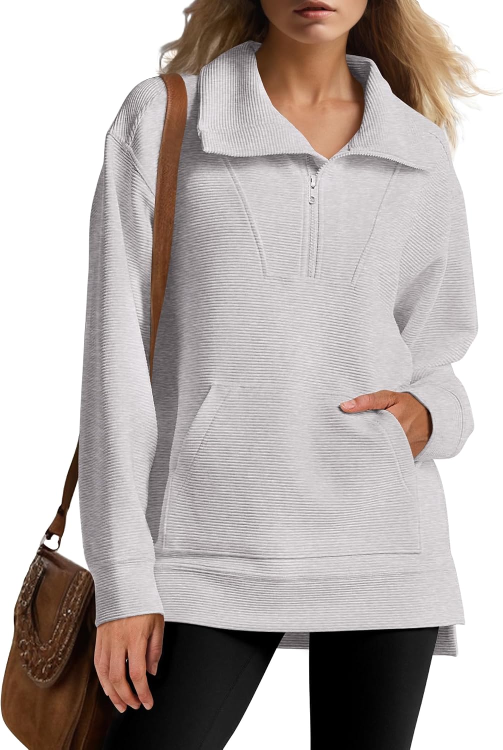 ANRABESS Womens Quarter Zip Oversized Long Sleeve Ribbed Knit Tunic Sweatshirts