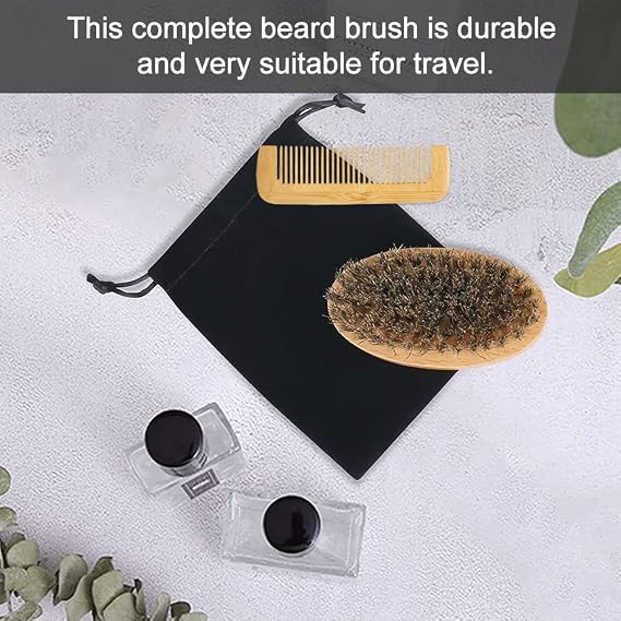 Beard Comb Brush Set, Boar Bristle Beard Comb Brush for Men, Boar Bristle Beard Brush for Men, Beards and Mustaches Grooming Set for Combing Beard Hair, Removing Debris, Massages Face
