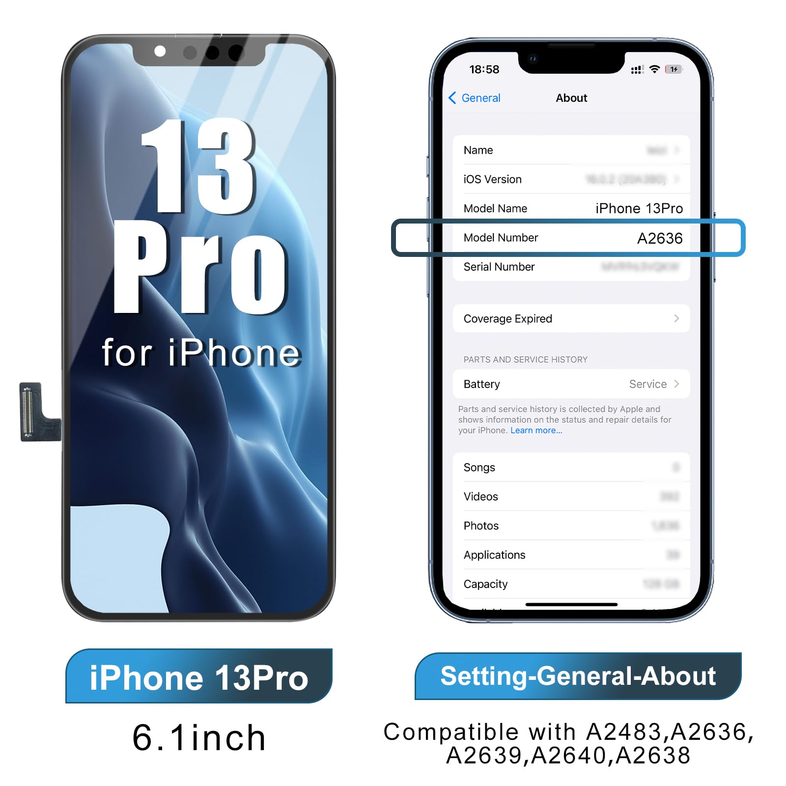 Dinow Pantalla para iPhone 13 Pro, 6.1" LCD de repuesto para iPhone-13 Pro, pantalla para iPhone 13 Pro con kit de reparación, compatible con modelo A2638/A2483/ A2636/ A2639/ A2640