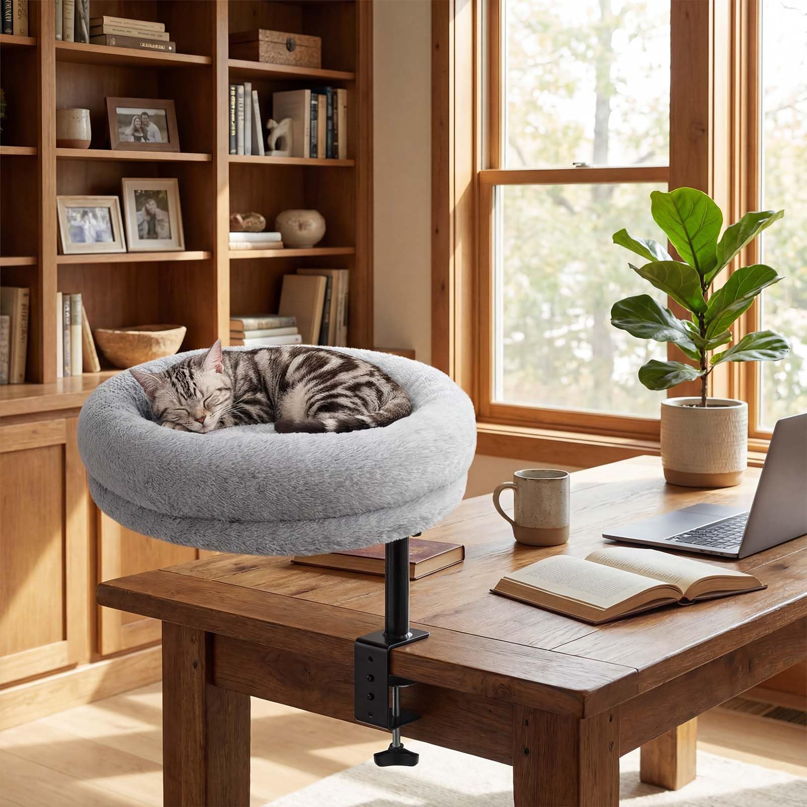 GUUSII HOME Katzenbett Schreibtisch 360° Drehbar & Höhenverstellbar Katzenliege Liegeplatz Katzen Bett Hängematte Tisch Für Homeoffice 43cm Durchmesser Bis 18kg Einfache Montage Waschmaschine（Grau）