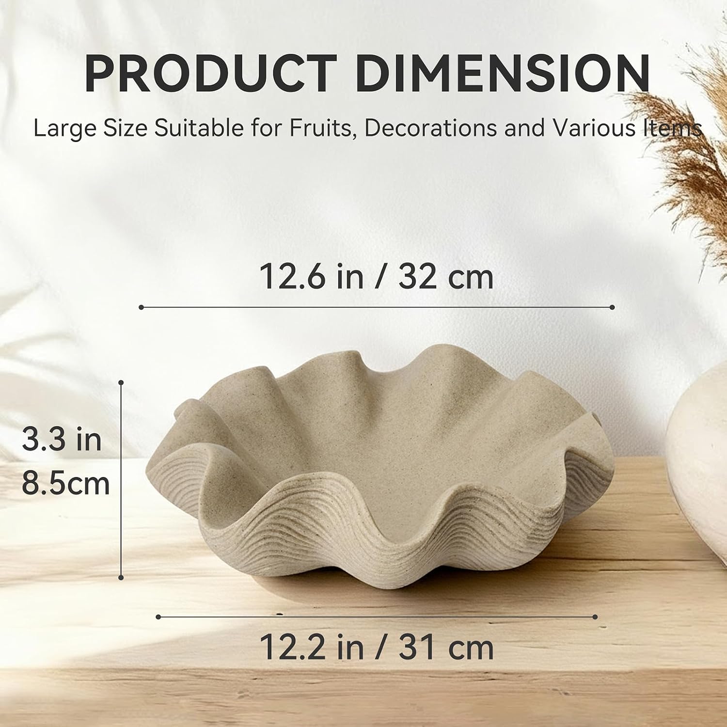 Scalloped Decorative Bowl Home Decor - 12.6" Modern Handicraft Large Shell Ruffle Decorative Fruit Bowl for Kitchen Counter, Chic Key Tray for Entryway Table, Artificial Stone Beige