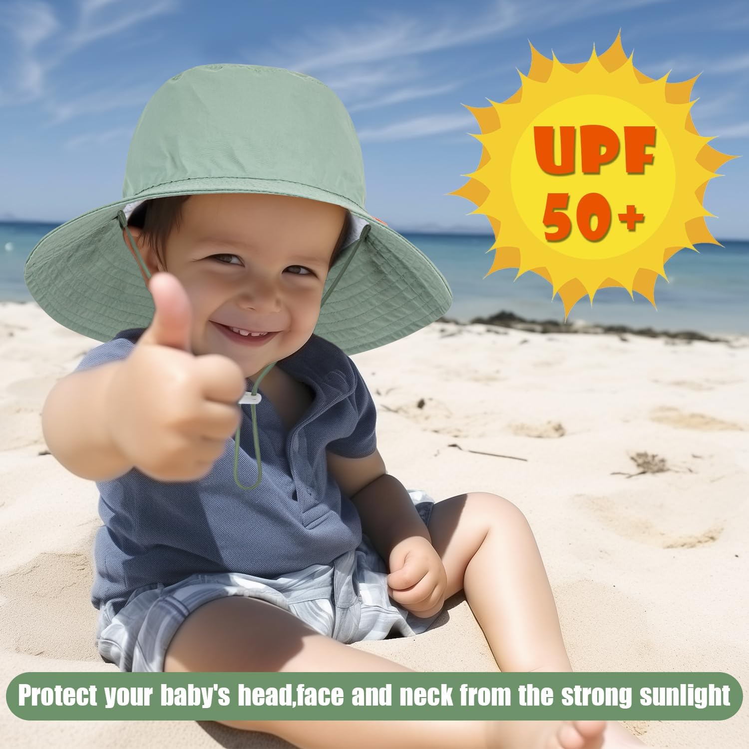 Baby Sun Hat Kids Summer UPF 50+ Toddler Bucket Hat Wide Brim Adjustable Beach Hats for Boys Girls Age 0-6 Years - Image 5