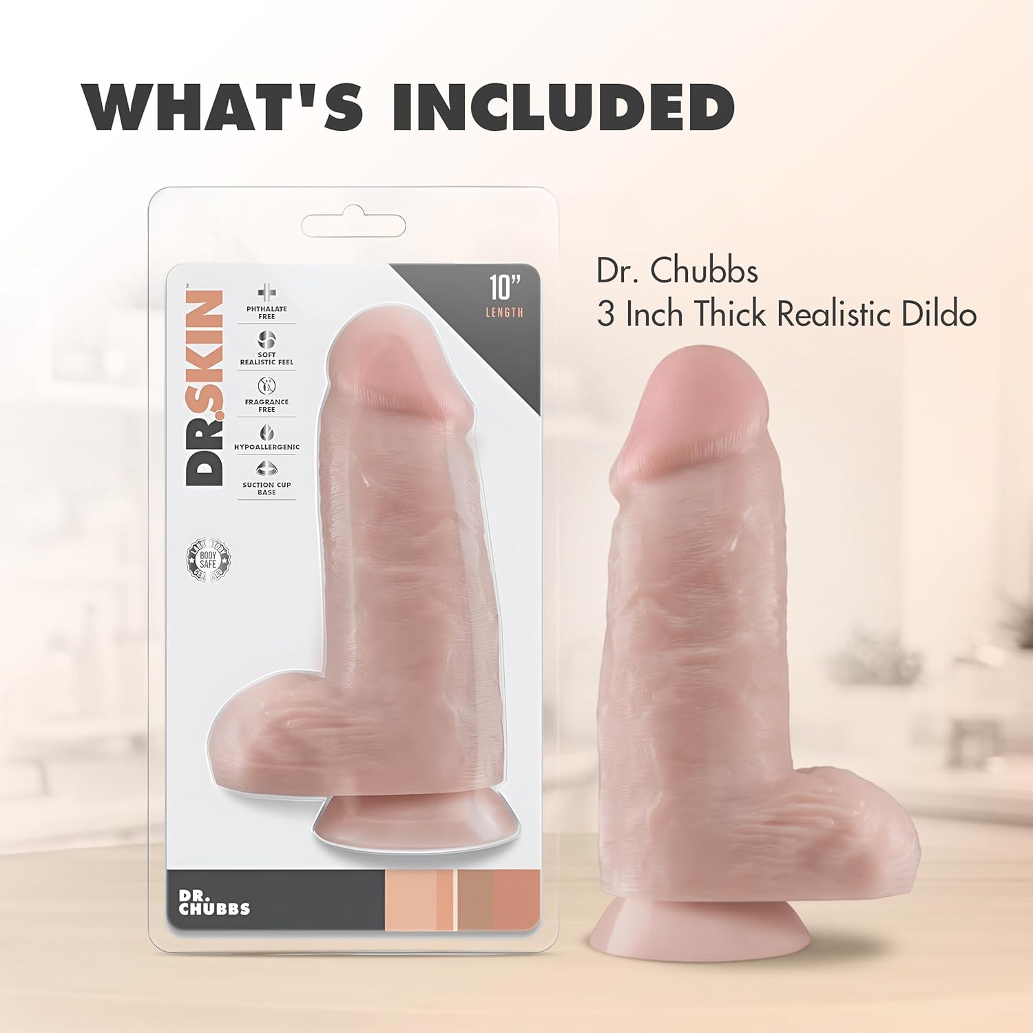 Blush Novelties Dr. Skin Dr. Chubbs Realistic Dildo - 10 Inch Extra Thick Wide Adult Dildo for Men & Women - Soft Body Safe Material with Strong Suction Cup for Hands-Free Anal or Vaginal Play - Beige