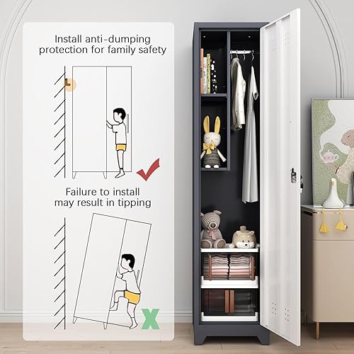 Miniatura 4 de GREATMEET Armario de almacenamiento de metal con cierre delgado, armario utilitario con cerradura de 65 pulgadas, armarios de almacenamiento de gris