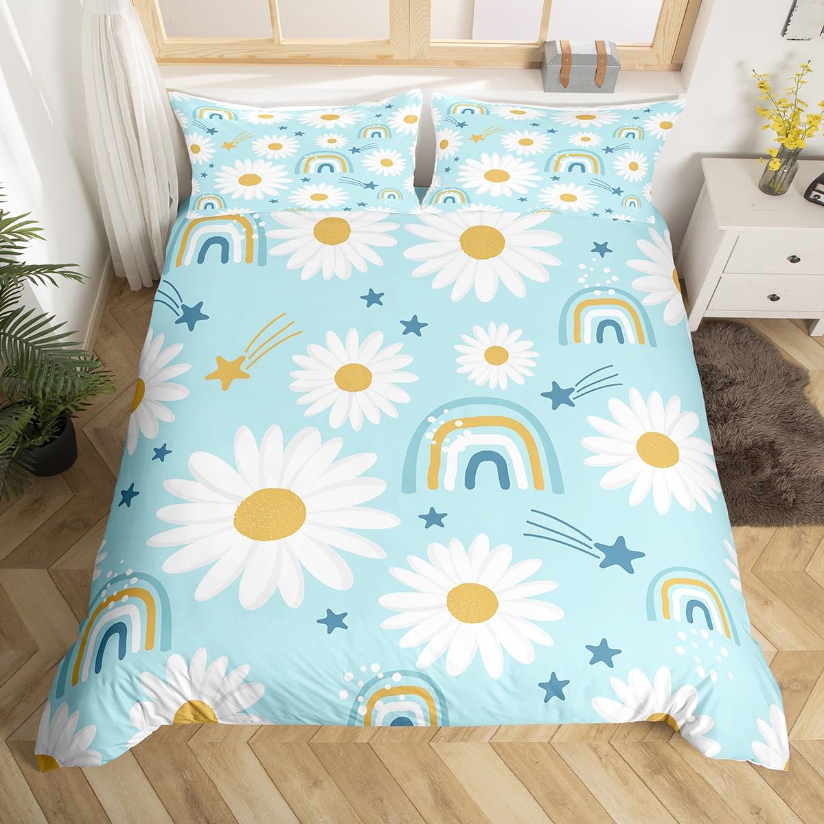 Richhome Boys Multi 10 Daisy Kids Duvet Cover Set Double Size,Flowers Botanical Plants Rustic Farmhouse Bedding Set,Teens Adults Room Decor,Rainbow Starry Sky Comforter Cover,Blue Romantic Quilt Cover,2 Pillowcases