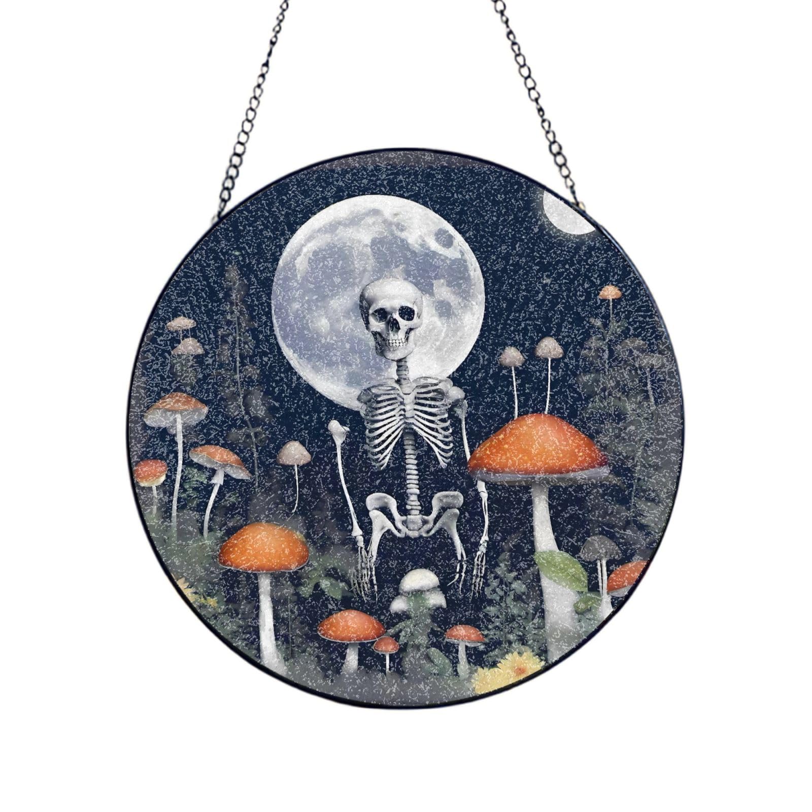 Phayah Mushroom Skull Print Stained Glass Window Hanging Suncatcher For Door Terrace Garden Home Decor Sun Catcher Birthday Gifts For Lovers Dad Mom 8in（20cm）