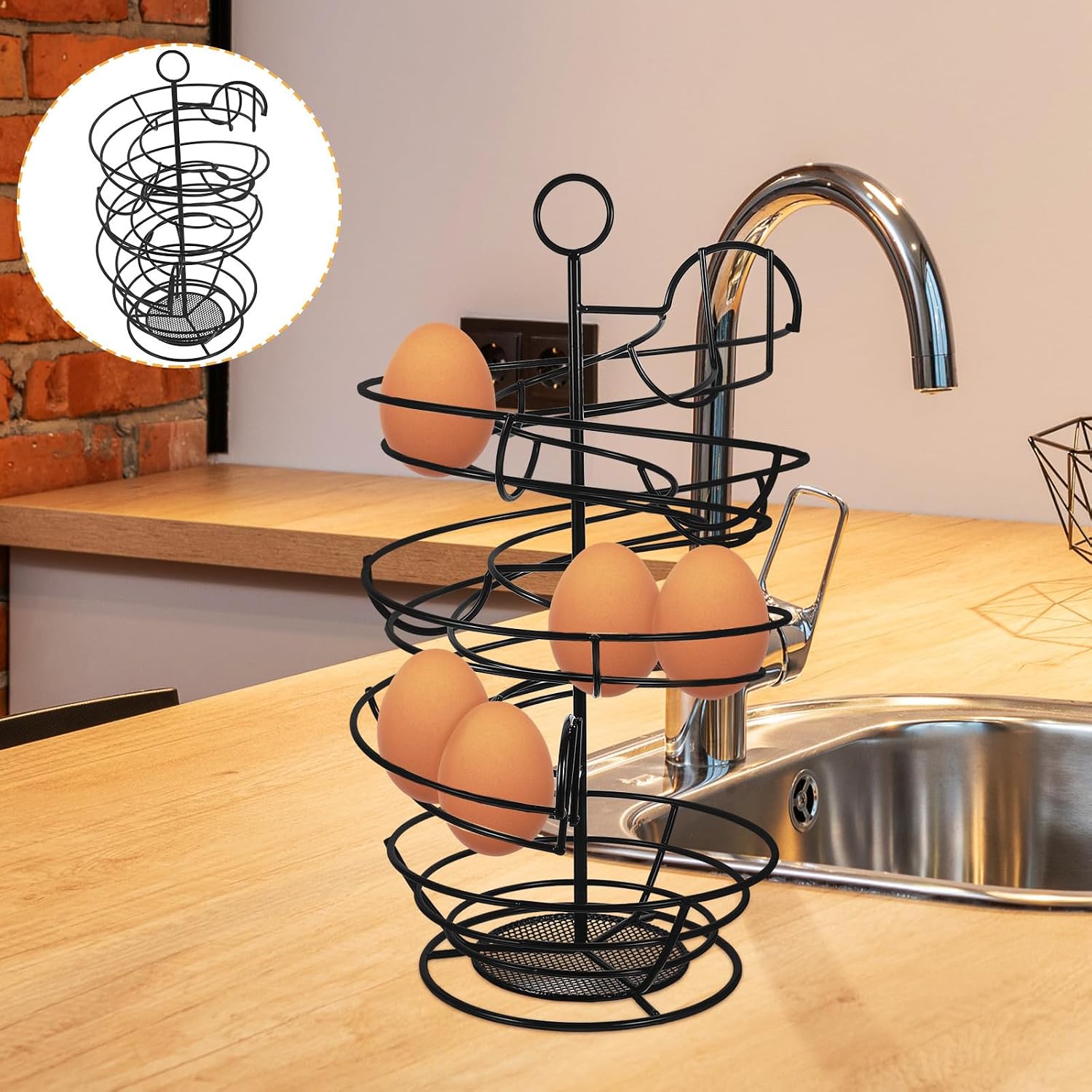 Large Capacity Iron Egg Holder with Spiral Structure and Multi-grids Design Black Metal Wire Egg Storage Basket for Kitchen and Refrigerator Space-saving being Crushed